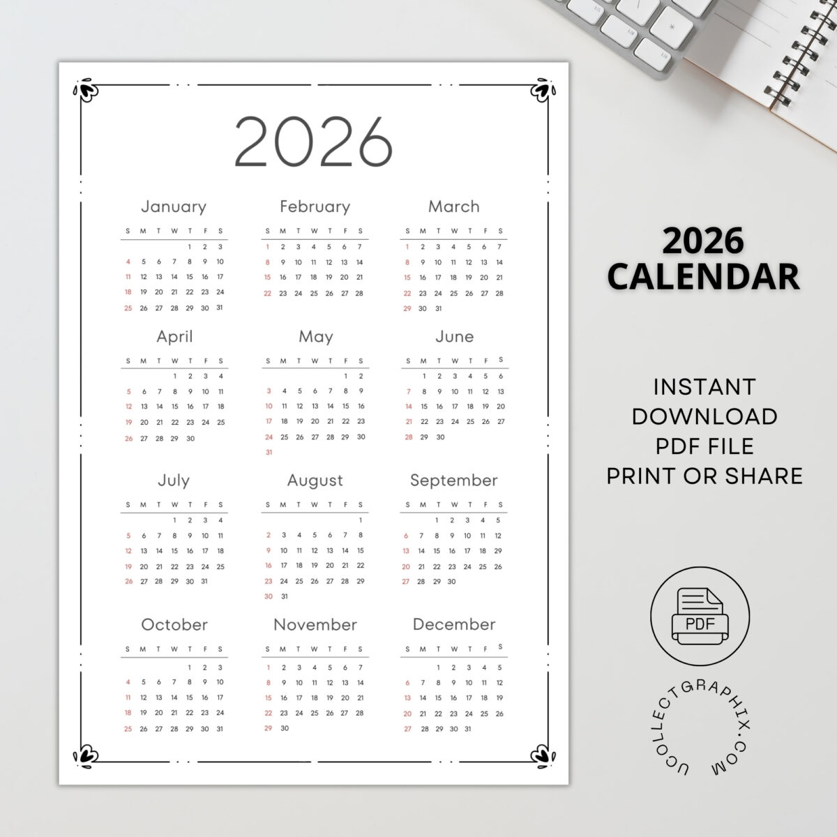 2026 Year Calendar – Single Page | Monday & Sunday Start | Minimalist Printable | CAL2026-001