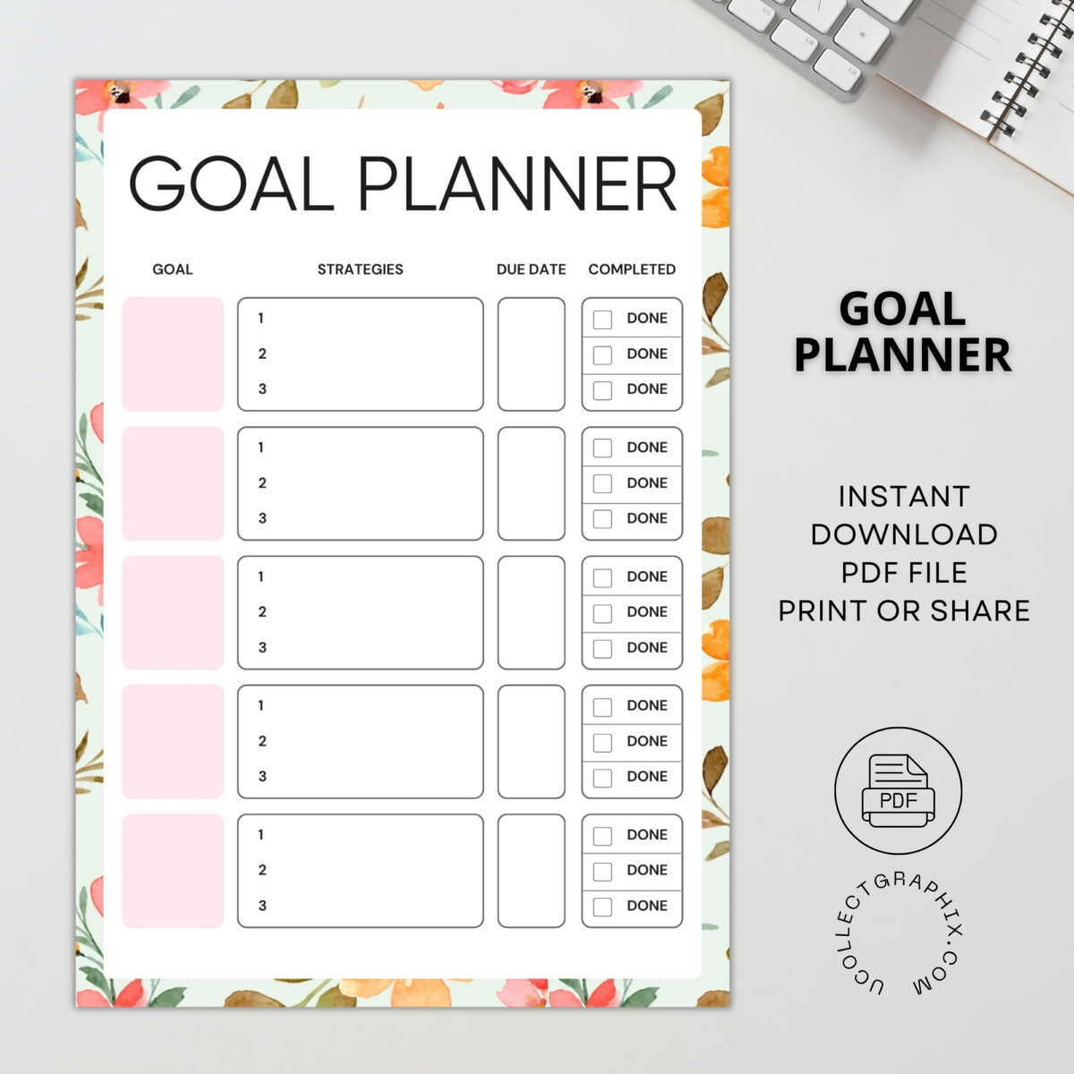 Goal Planner Printable PDF | Goal Setting with Strategies, Due Date & Checklist Tracker | GOAL-002-01