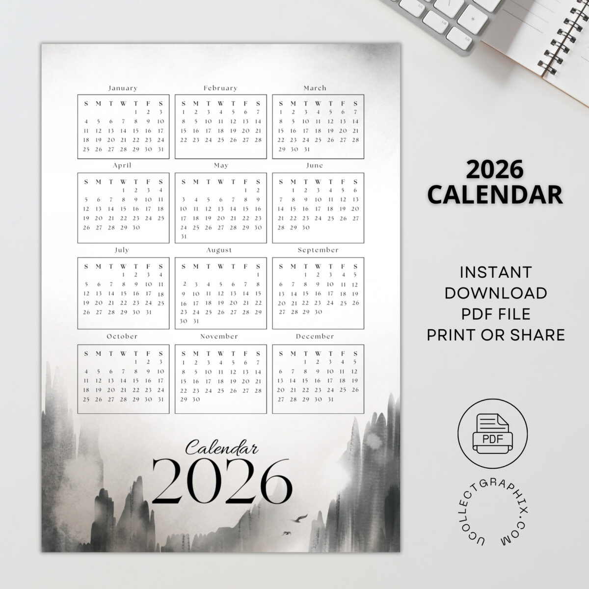 2026 Printable Calendar | Instant Download | Modern Home Office Decor | CAL2026-004-01