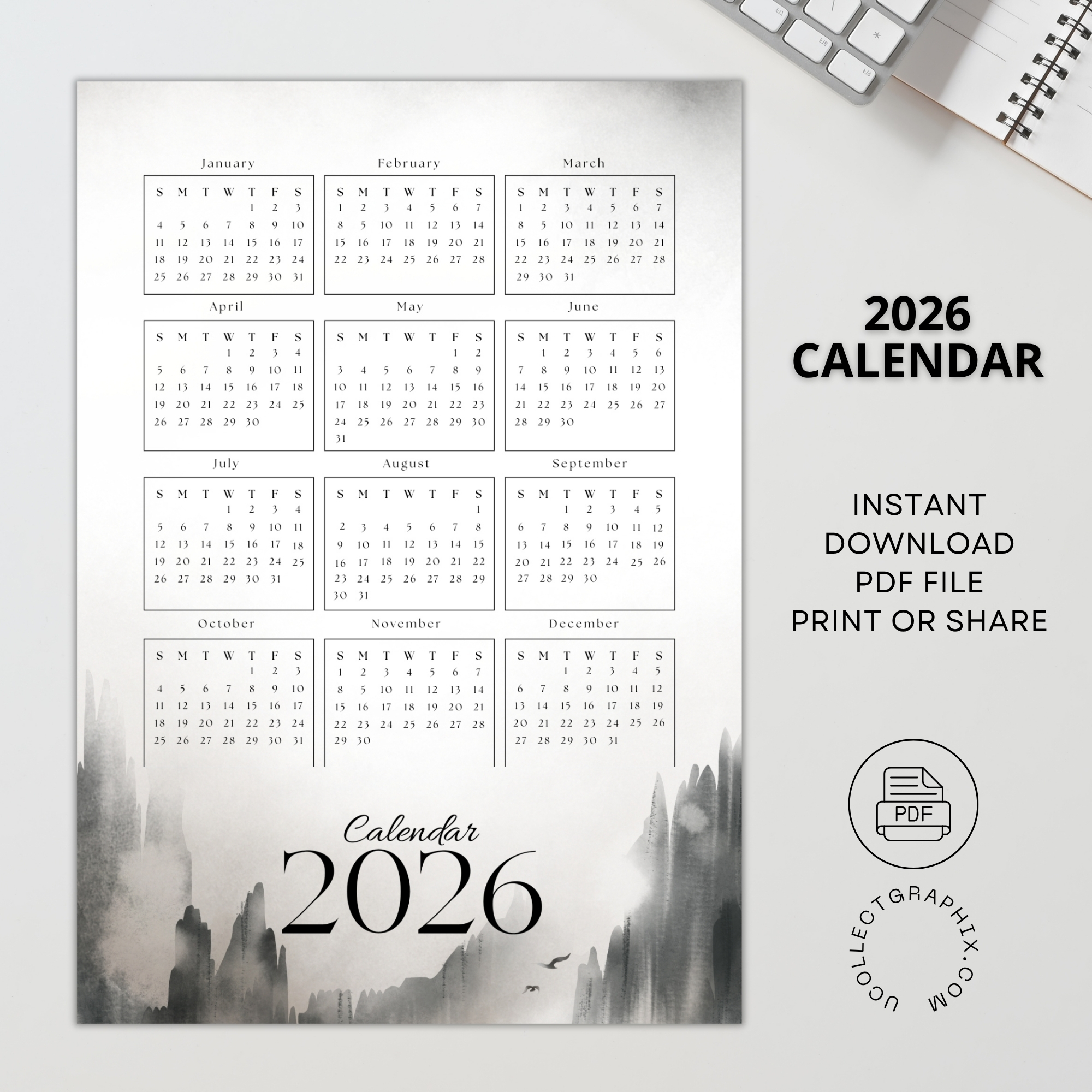 2026 Printable Calendar | Instant Download | Modern Home Office Decor | CAL2026-004-01