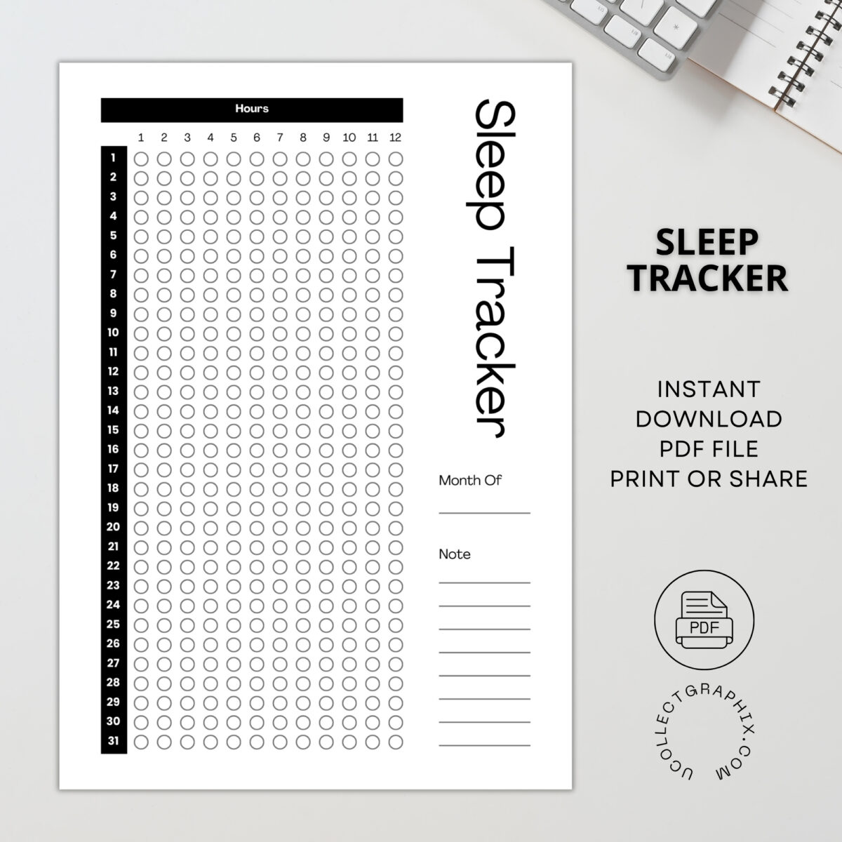 Monthly Sleep Tracker Printable with Notes | A4 & US Letter | TRAC-005-01