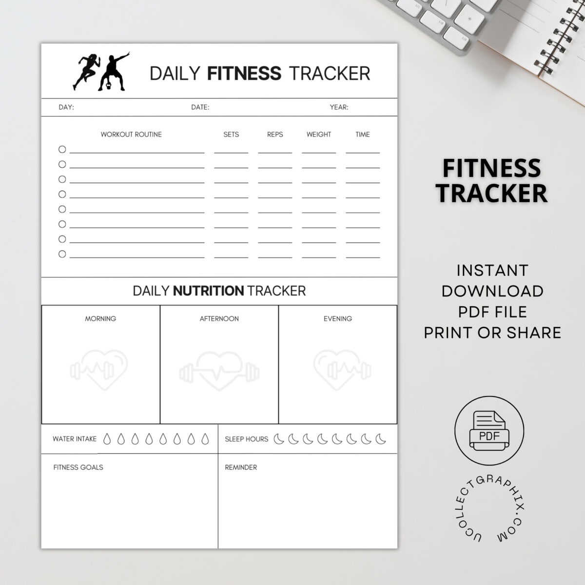 Fitness & Nutrition Tracker Printable | Daily Workout Log, Meal & Water Tracker | TRAC-002-01