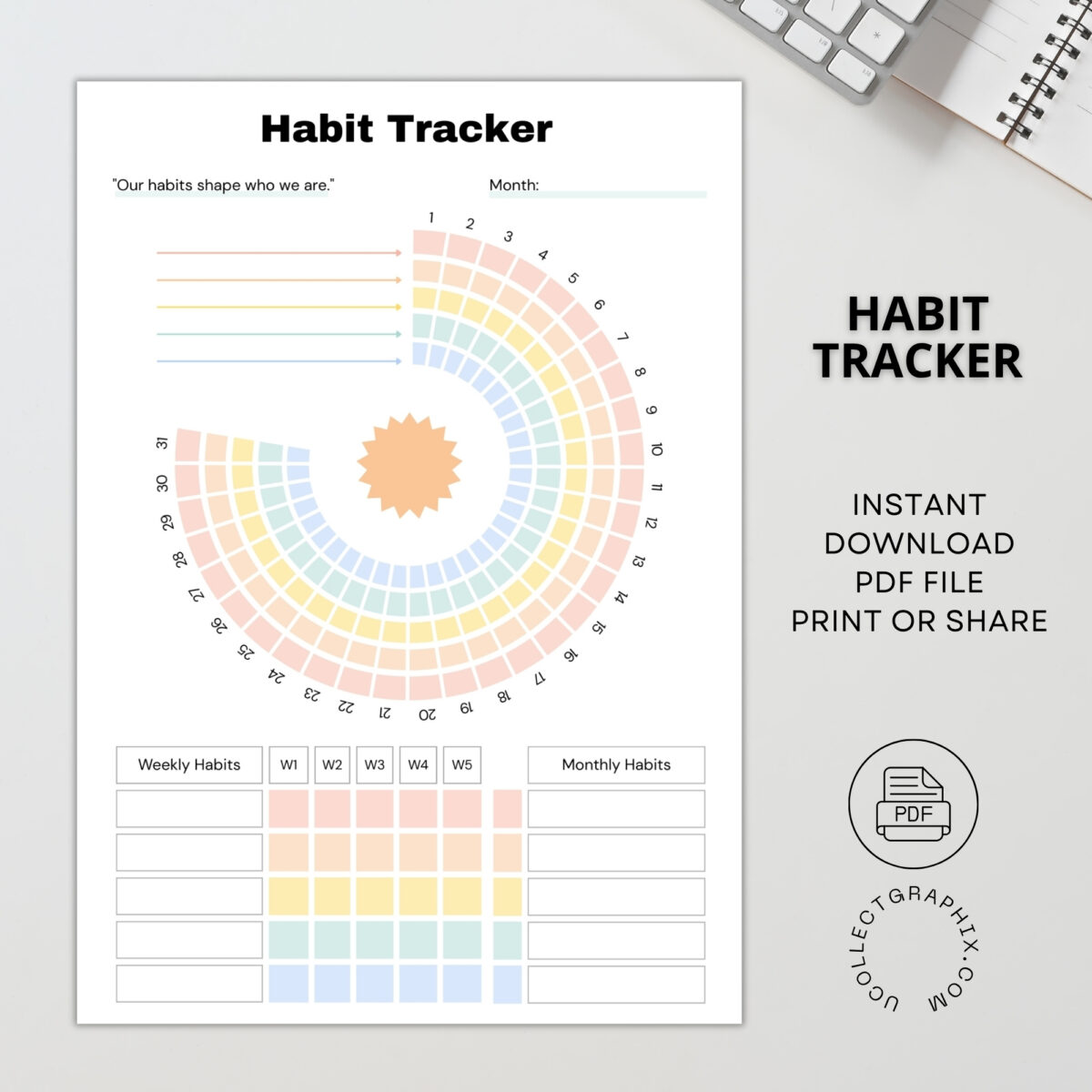 Daily, Weekly & Monthly Habit Tracker Printable – Minimal Routine & Goal Tracker | TRAC-001-01