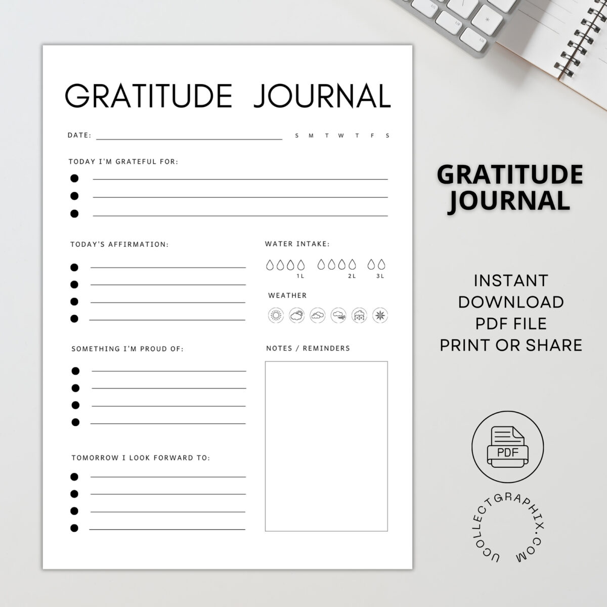 Daily Gratitude Journal Printable | Affirmations, Wellness Tracker, Self-Care Journal | JOUR-001-01