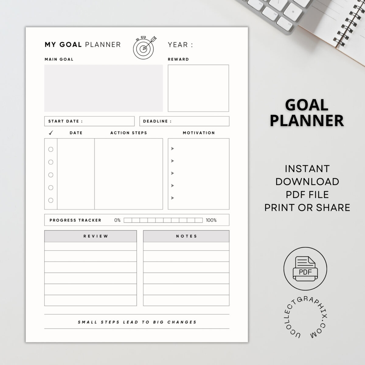 Goal Planner Printable | Goal Setting with Action Steps, Progress Tracker & Review Pages | GOAL-001-01
