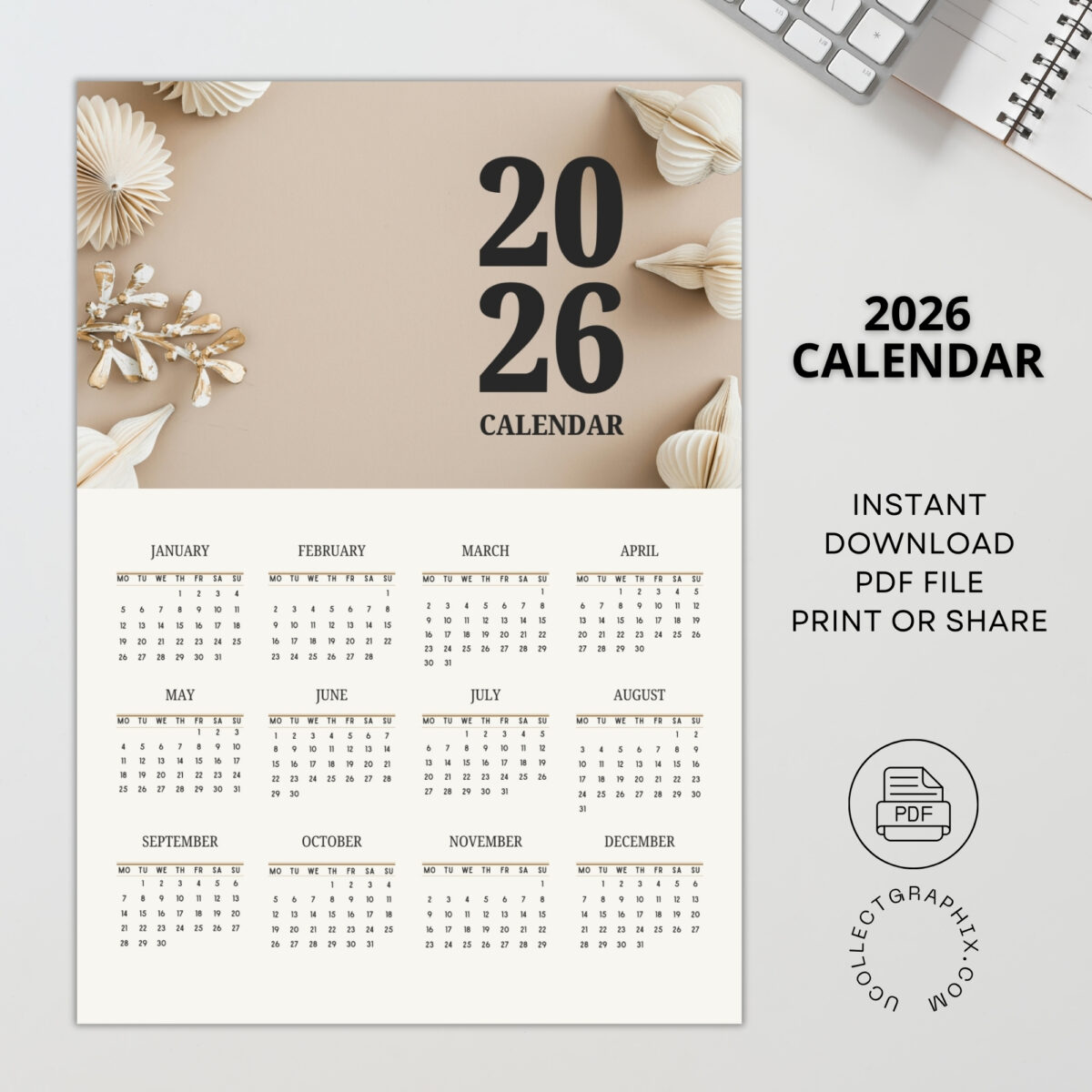 2026 Printable Wall Calendar | Instant Download | Modern Home Office Decor | CAL2026-002-01