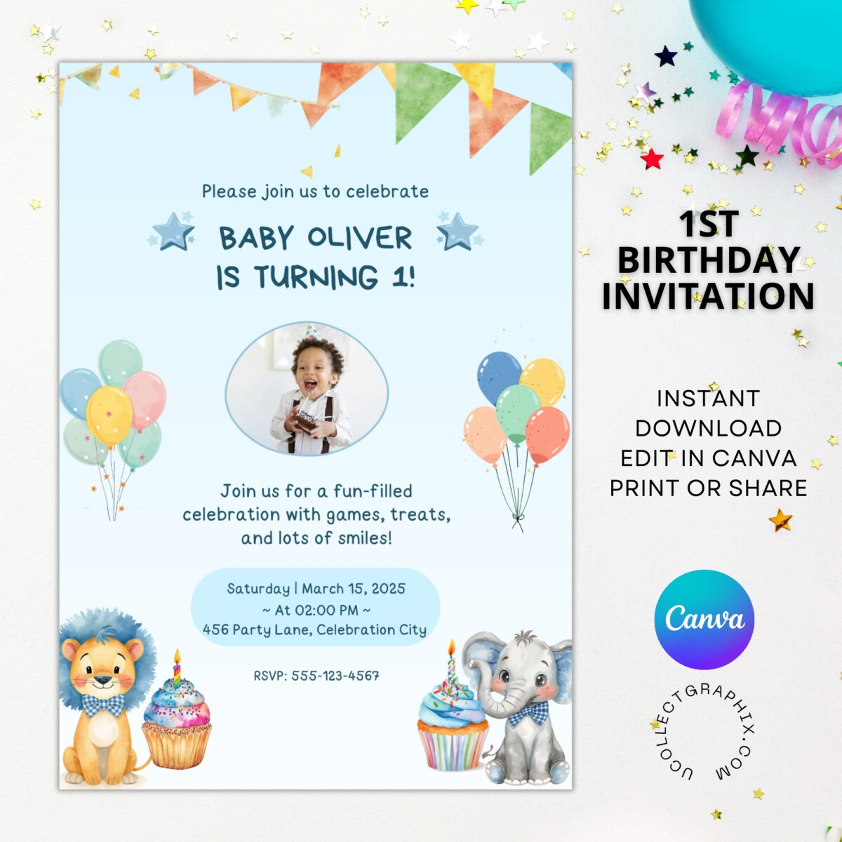 Editable First Birthday Boy Invitation Template | Cute Safari Animals 1st Birthday Invite | Canva Template Printable | 1BINVITE-001