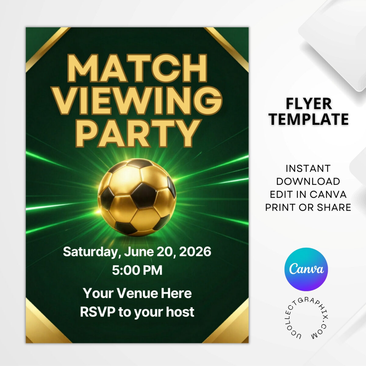 Editable Soccer Match Viewing Party Flyer Template | Green Gold Football Watch Party Invitation | Canva Sports Event Flyer | MVPFLYER-004
