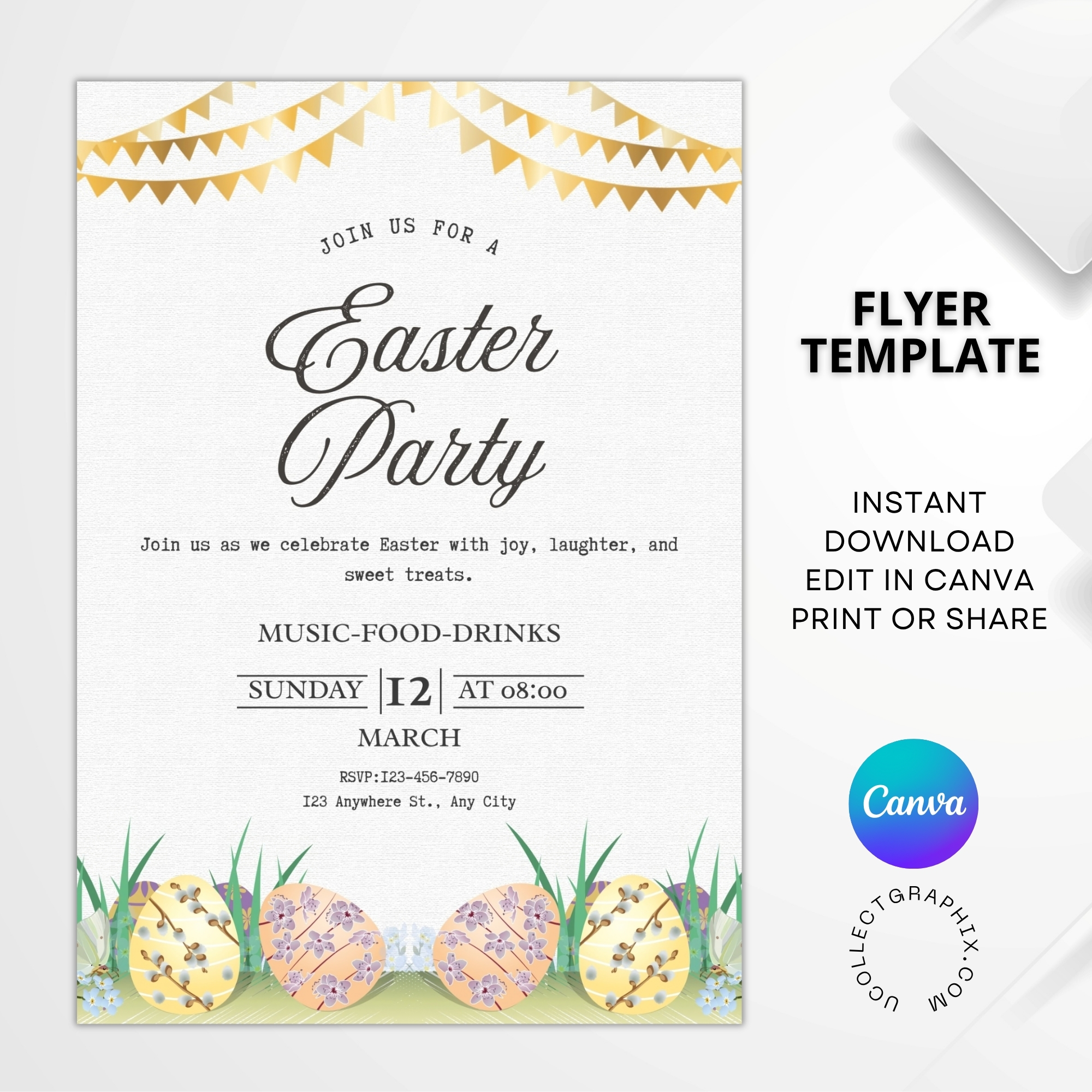 Editable Easter Party Flyer Canva Template | Easter Egg Hunt Invitation Flyer | Spring Party Poster | FLYER-003
