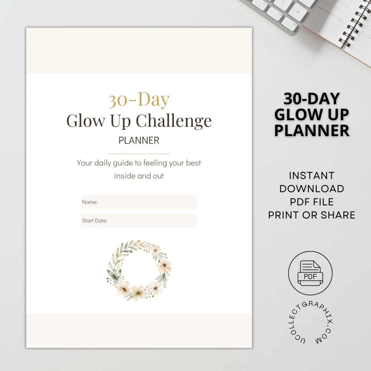 30-Day Glow Up Challenge Planner Printable | Self-Care & Wellness Journal | Daily Habit Tracker, Weekly Progress Review, Before & After Reflection | PLA30DAY-001