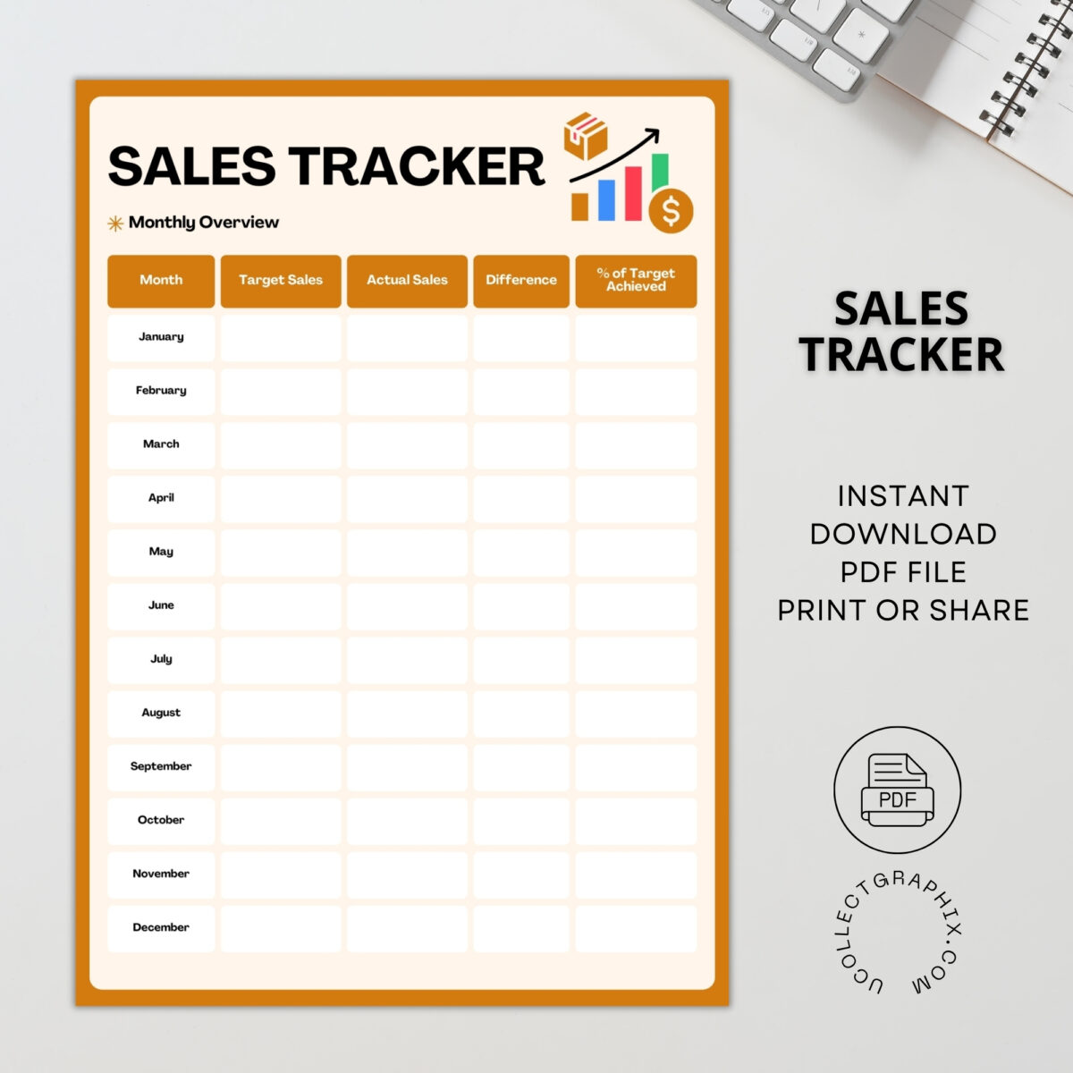Monthly Sales Tracker & Daily Sales Log Printable | Sales Target & Performance Tracker | Orange TRAC-014-03