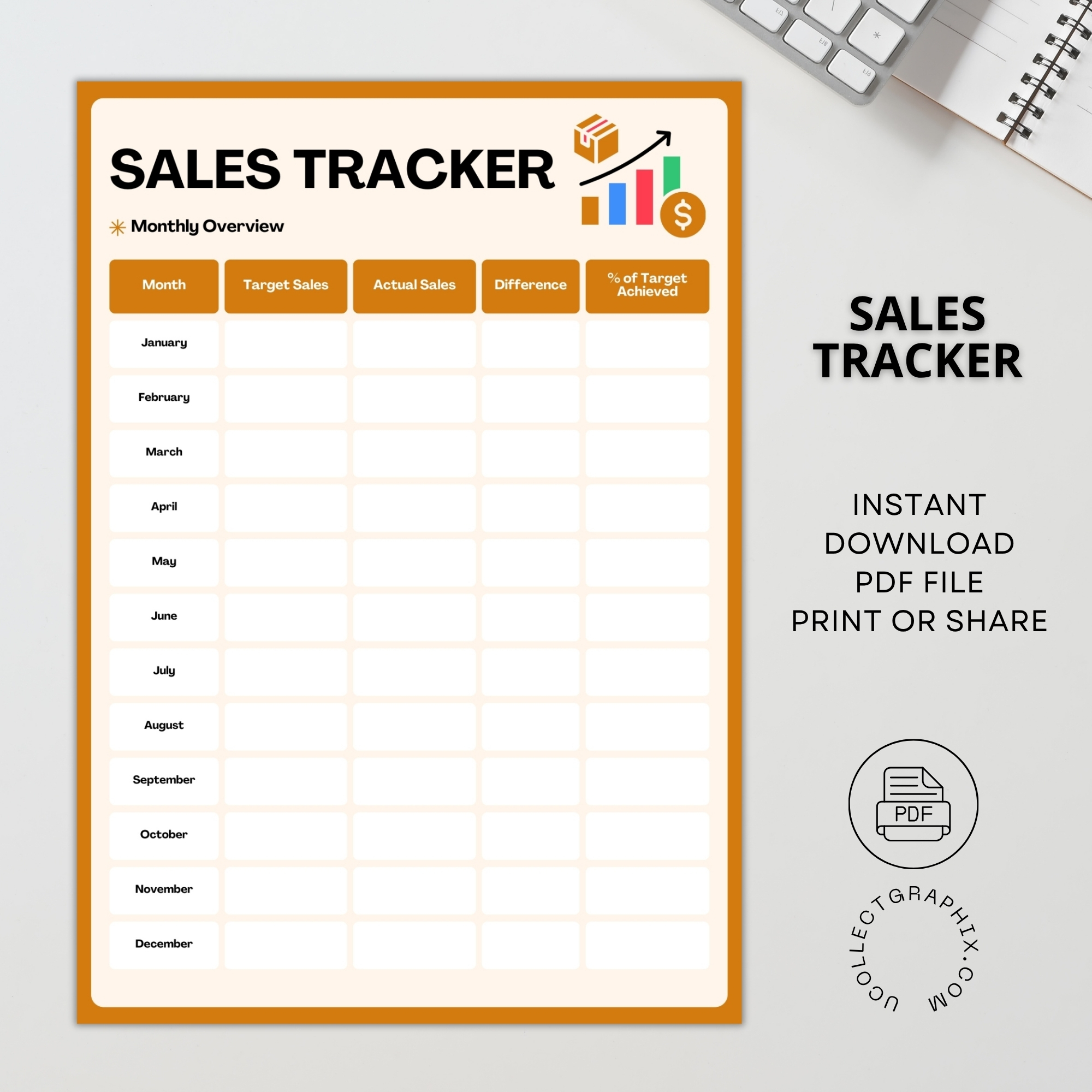 Monthly Sales Tracker & Daily Sales Log Printable | Sales Target & Performance Tracker | Orange TRAC-014-03