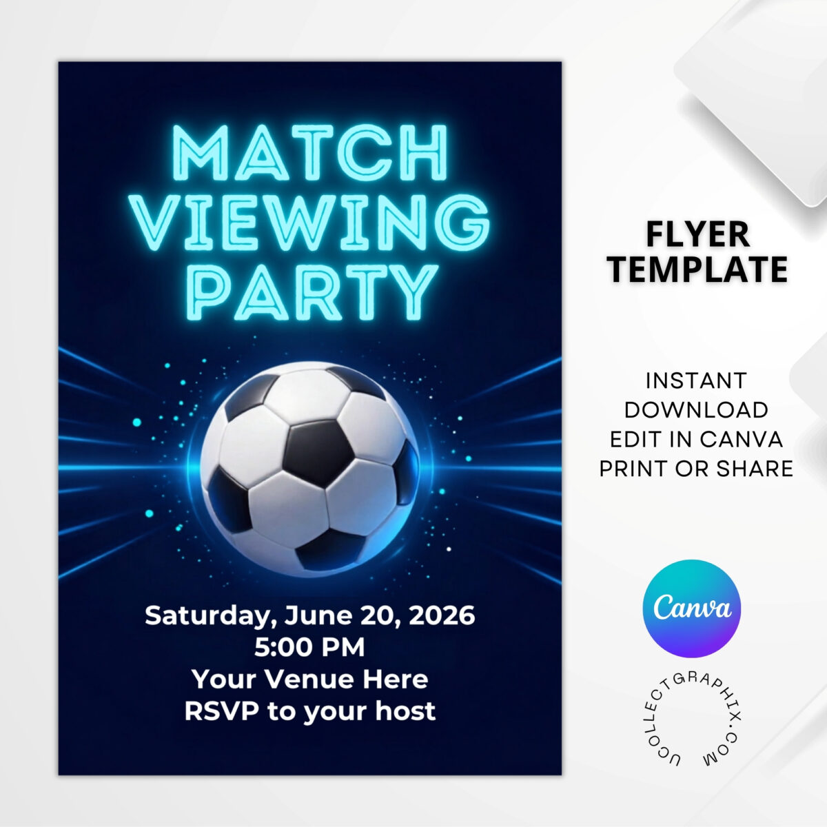 Editable Soccer Match Viewing Party Flyer Canva Template | Football Game Night Invitation | Blue Cyan Sports Event Poster | MVPFLYER-005