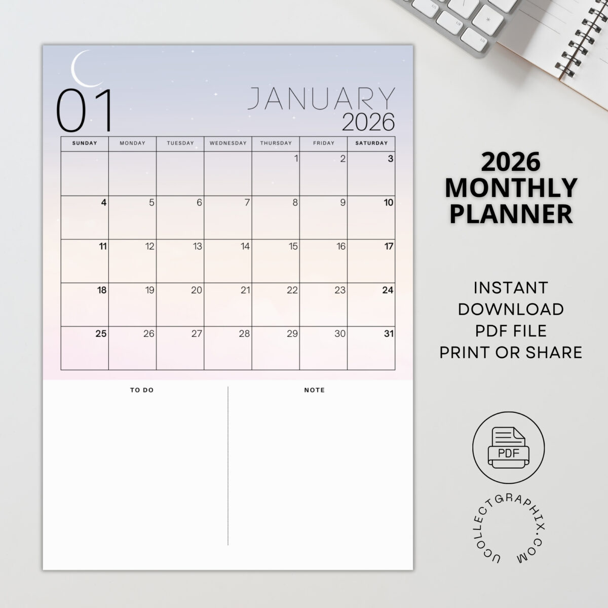 2026 Daily Planner Printable | To-Do List & Notes | Minimal & Functional Design | PLADAY2026-001-01