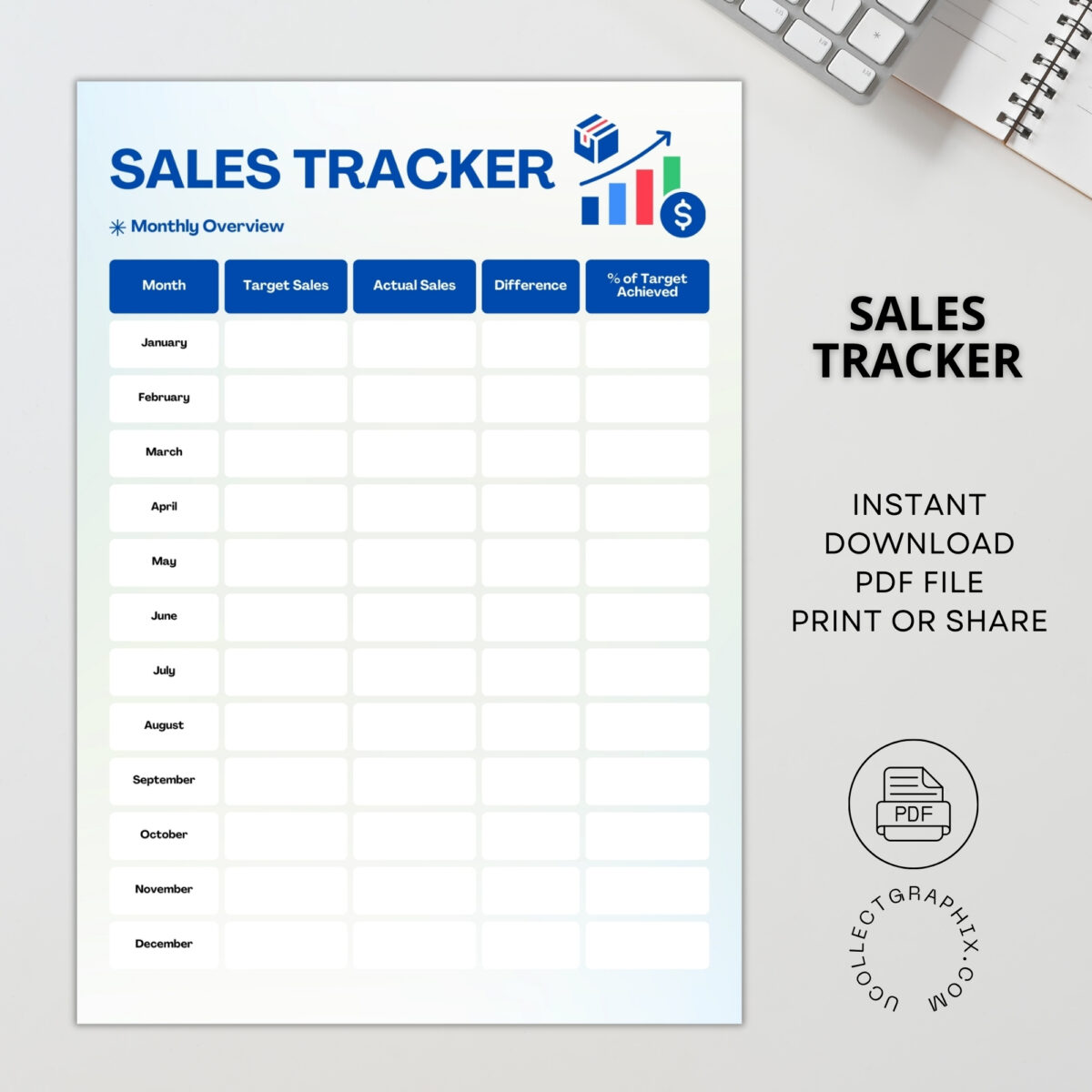 Monthly Sales Tracker & Daily Sales Log Printable | Sales Target & Performance Tracker | Blue TRAC-014-02