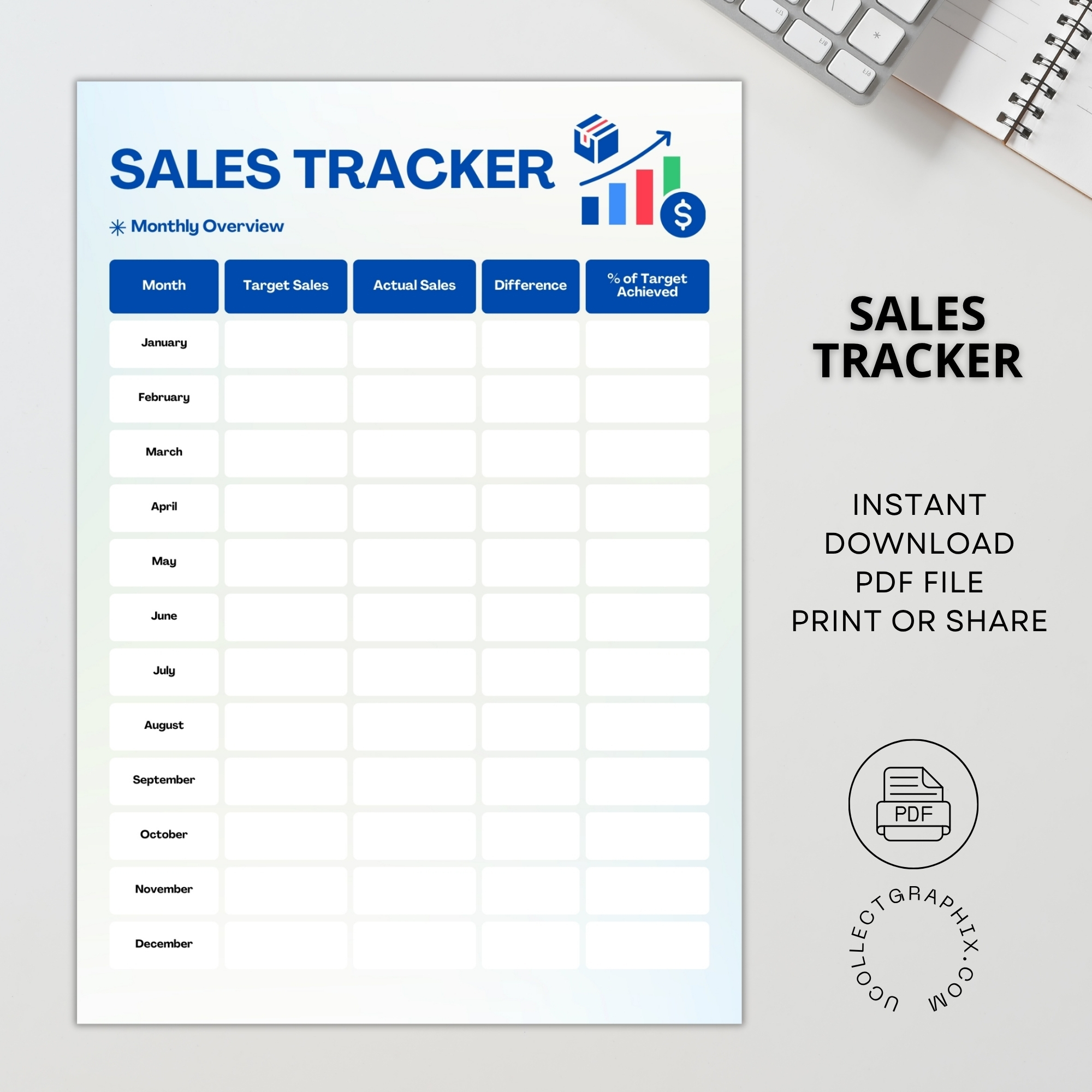 Monthly Sales Tracker & Daily Sales Log Printable | Sales Target & Performance Tracker | Blue TRAC-014-02