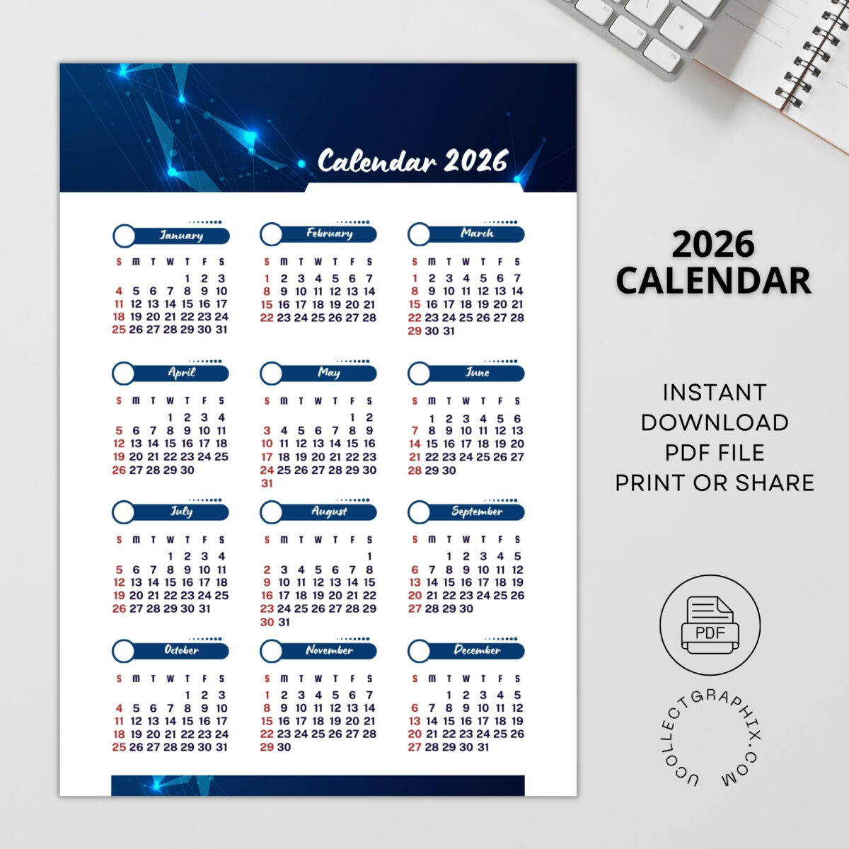 2026 Printable Wall Calendar | Instant Download | Modern Home Office Decor | CAL2026-003
