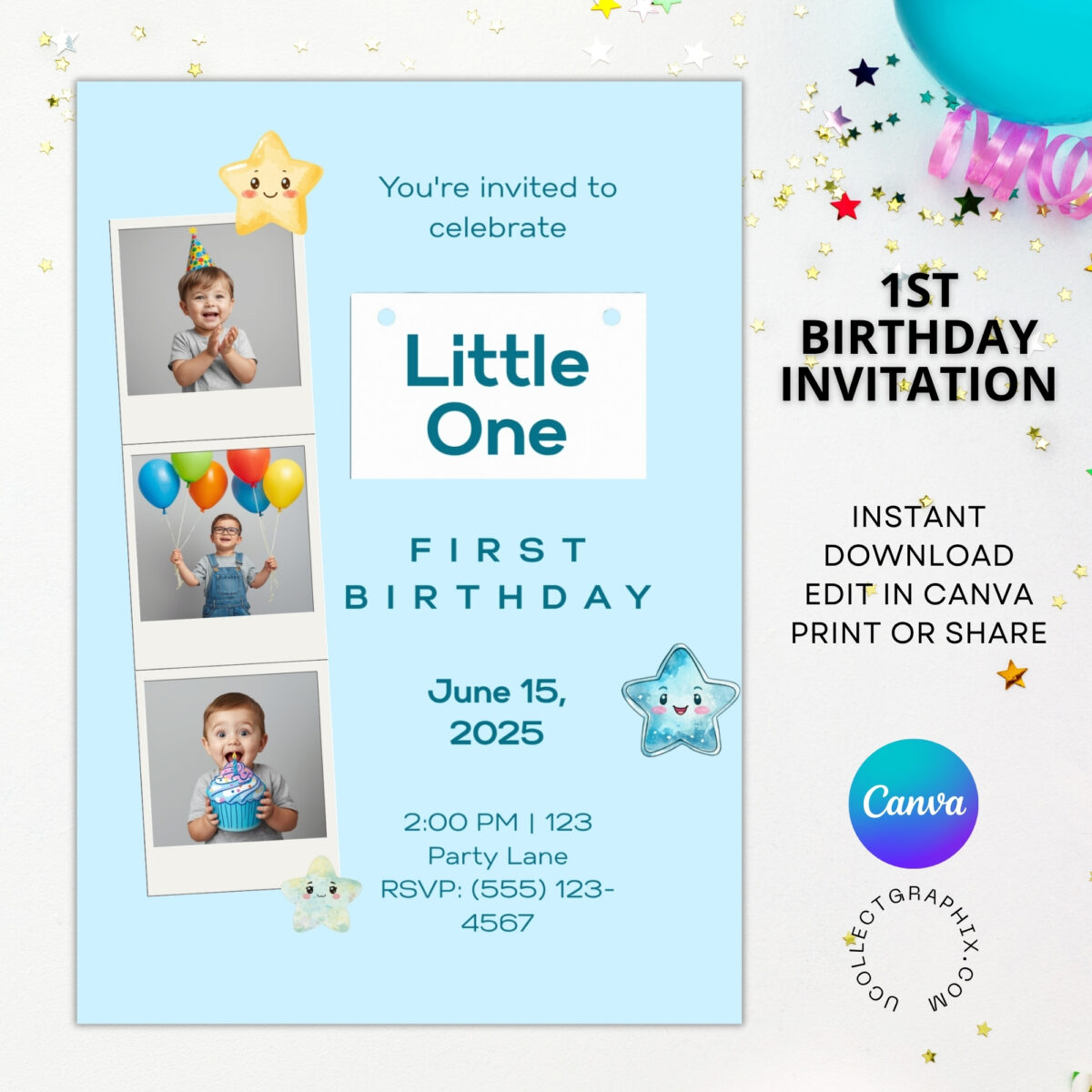 Editable First Birthday Invitation Template for Boy | Little One Birthday Invite Canva Template | Printable Blue First Birthday Party Invitation | 1BINVITE-004