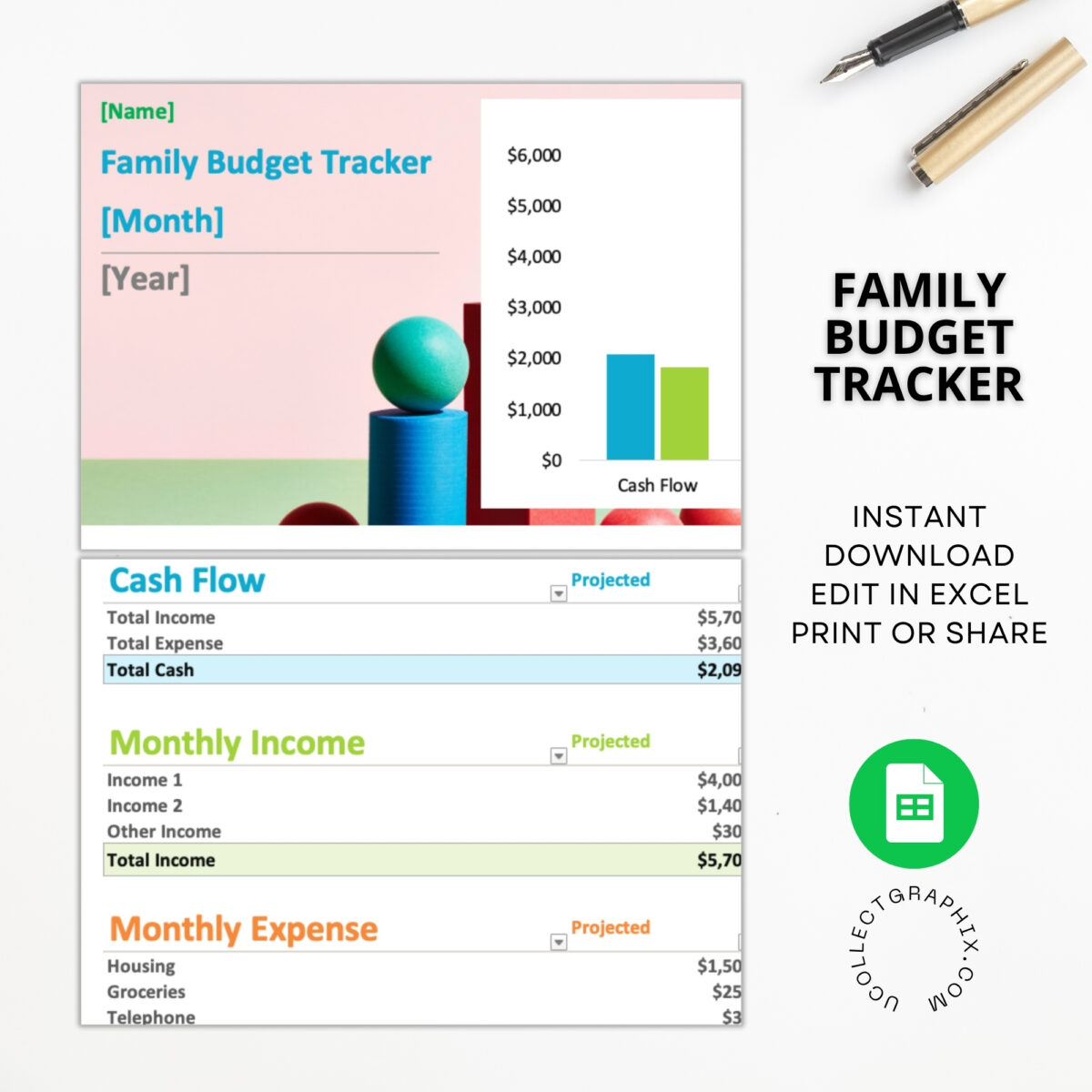 Family Monthly Budget Tracker Excel Template | Cash Flow, Income & Expense Tables with Bar Chart | TRACEXC-001