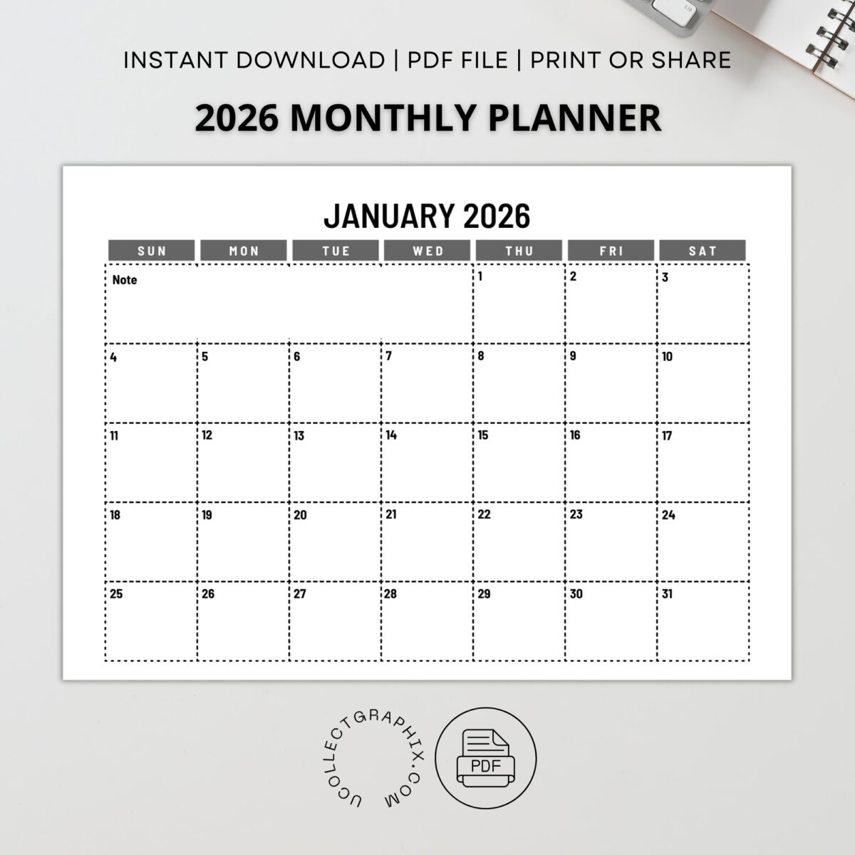 2026 Daily Planner Printable | Daily Calendar with Notes | Instant Download | PLADAY2026-002-03