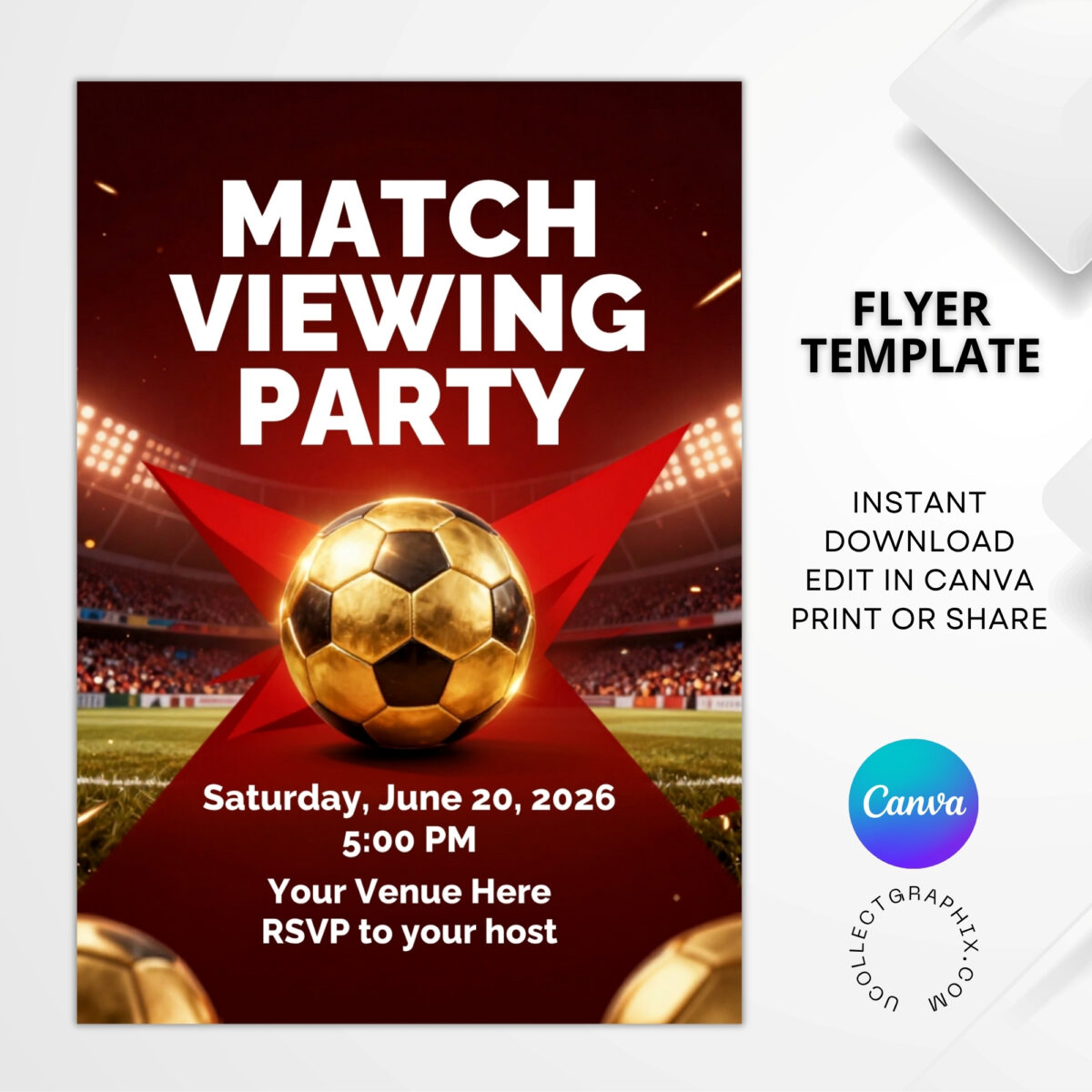 Editable Soccer Match Viewing Party Flyer Template | Red & Gold Football Watch Party Invitation | Canva Editable Sports Event Flyer | MVPFLYER-001