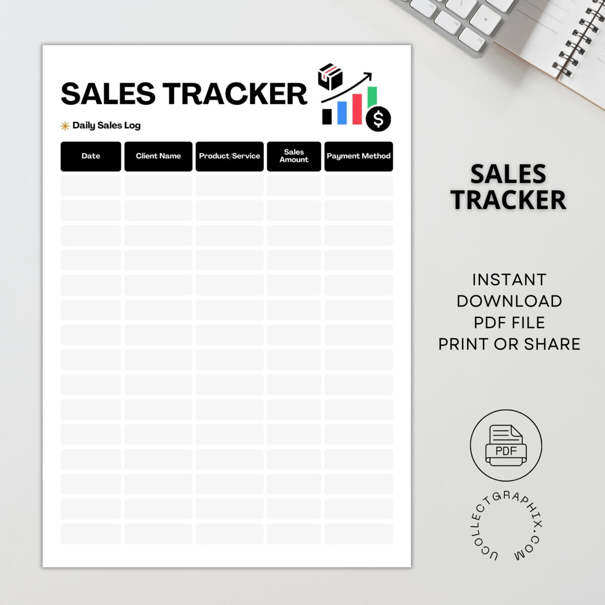 Monthly Sales Tracker & Daily Sales Log Printable | Sales Target & Performance Tracker | Black TRAC-014-01