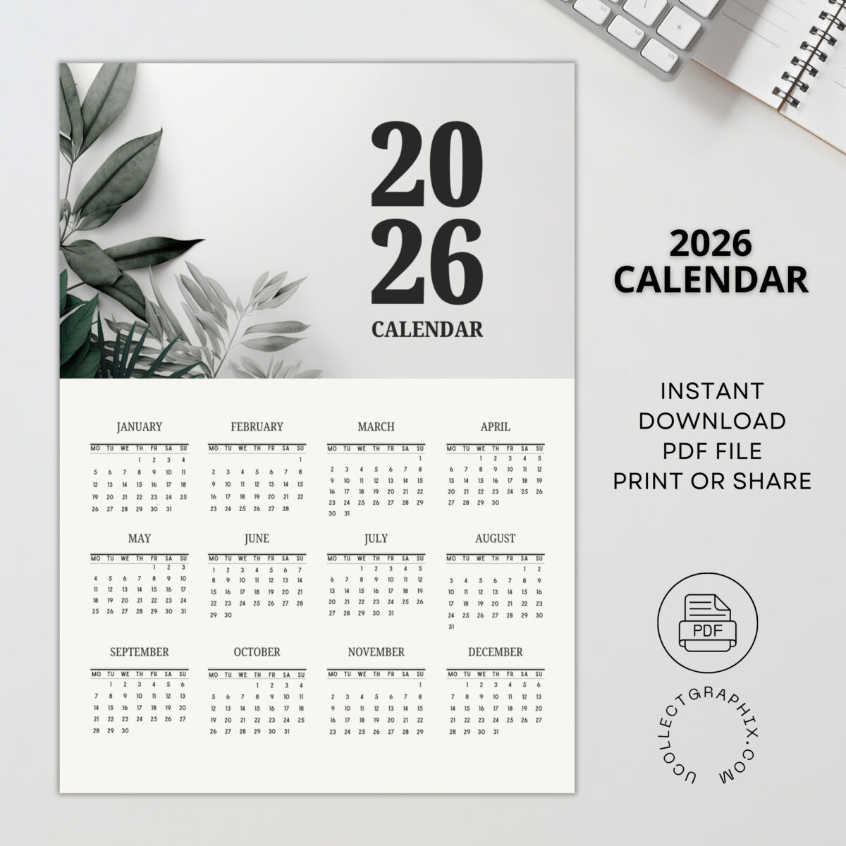 2026 Printable Wall Calendar | Instant Download | Modern Home Office Decor | CAL2026-002-02