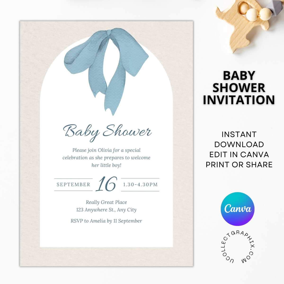 Editable Baby Shower Invitation Canva Template for Boy | Blue Baby Shower Invite Printable | Instant Download | BSINVITE-001