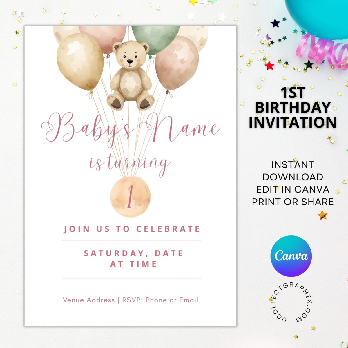 Editable First Birthday Girl Invitation Template | Teddy Bear Balloons Invite | Pink Boho 1st Birthday Canva Template | Printable Baby Girl Party Invite | 1BINVITE-005