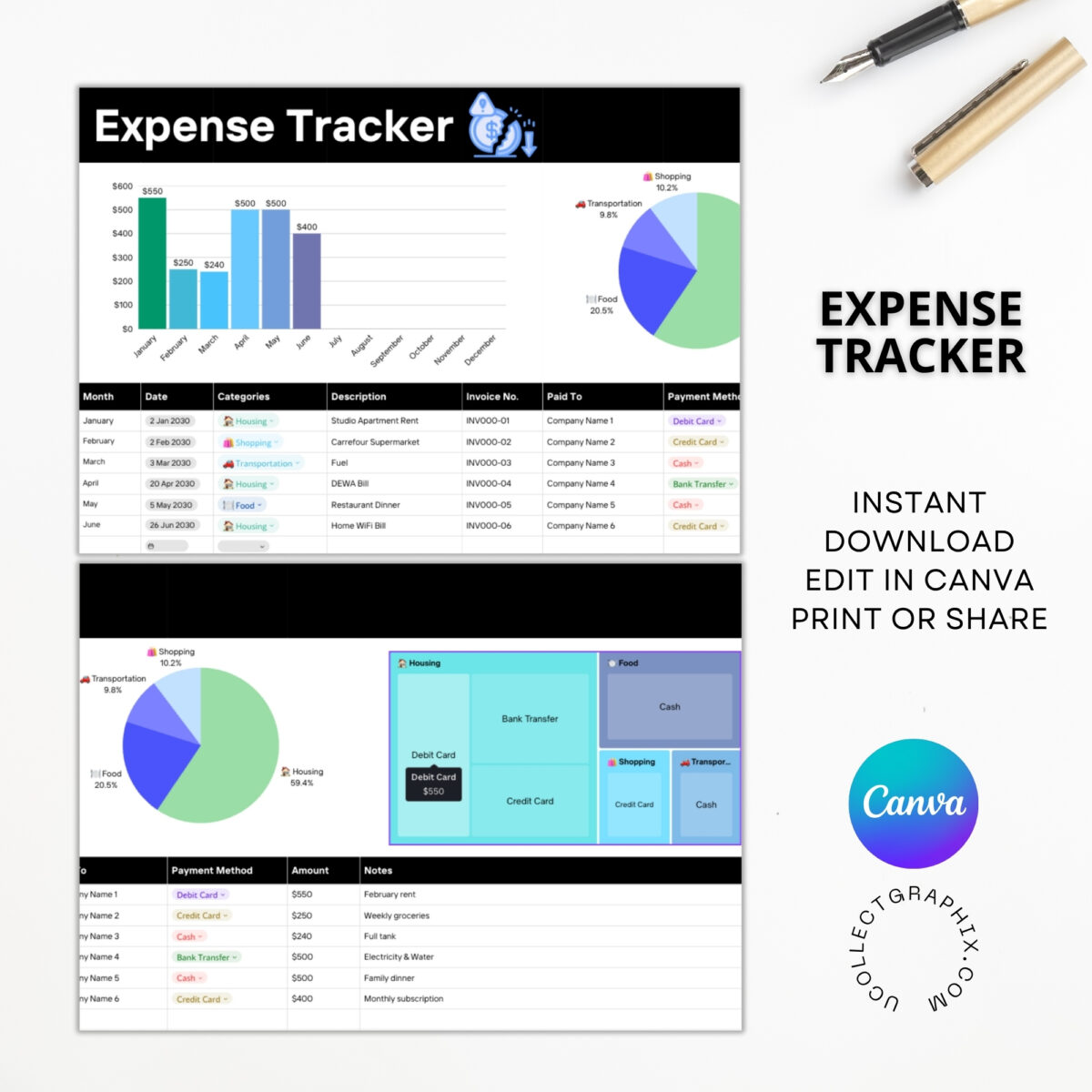Editable Expense Tracker Spreadsheet | Monthly Budget Planner | Business & Personal Expense Log | TRAC-013-01