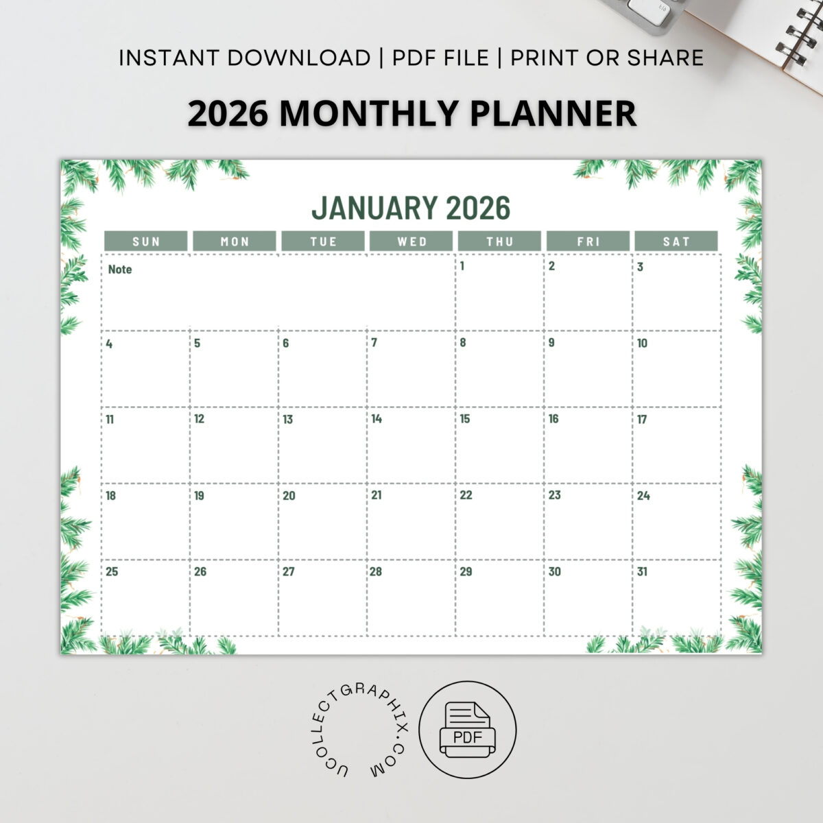 2026 Daily Planner Printable | Daily Calendar with Notes | Instant Download | PLADAY2026-002-02