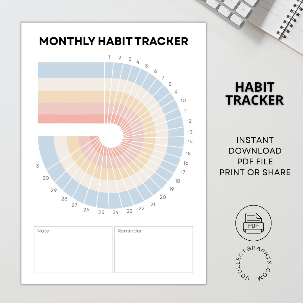 Printable Monthly Habit Tracker | Habit & Goal Planner with Notes and Reminders | TRAC-009-01