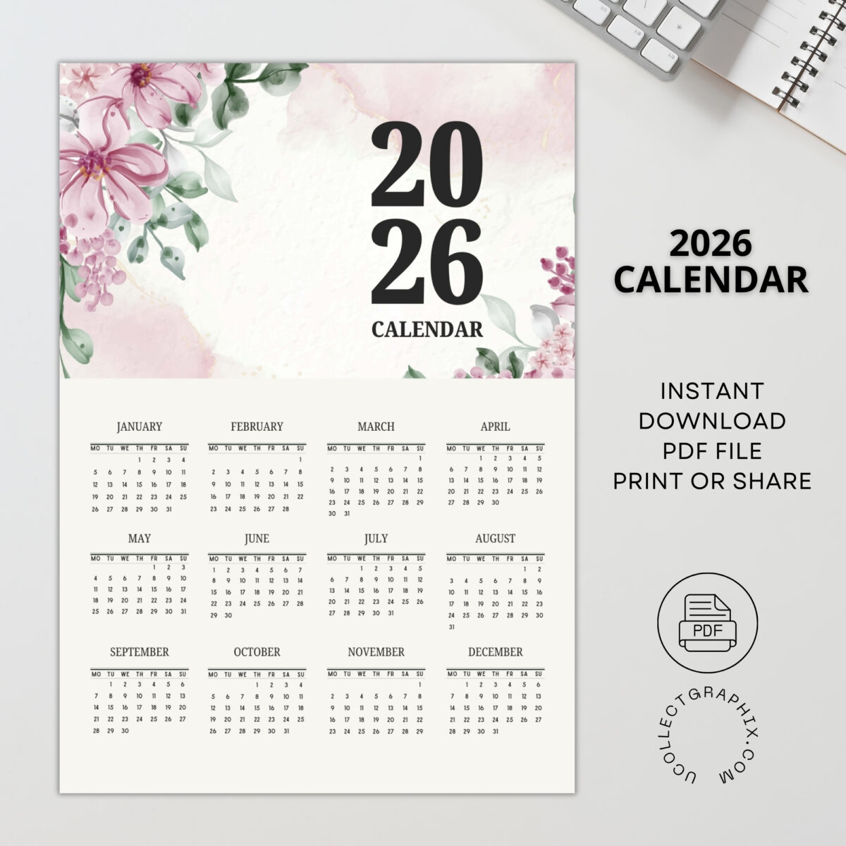 2026 Printable Wall Calendar | Instant Download | Modern Home Office Decor | CAL2026-002-03