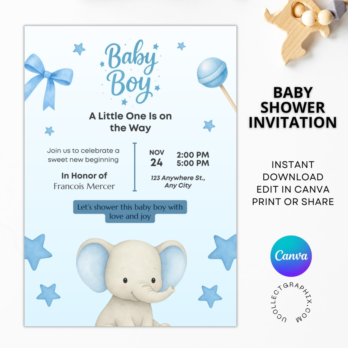 Editable Baby Shower Invitation Boy Canva Template | Blue Elephant Baby Shower Invite Printable | Instant Download | BSINVITE-002