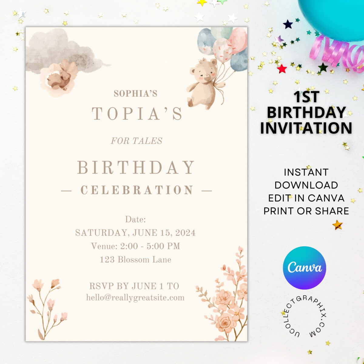 Editable First Birthday Girl Invitation Template | Teddy Bear Floral Balloons Invite | Boho Baby Girl 1st Birthday Canva Template | Printable Birthday Invite | 1BINVITE-006