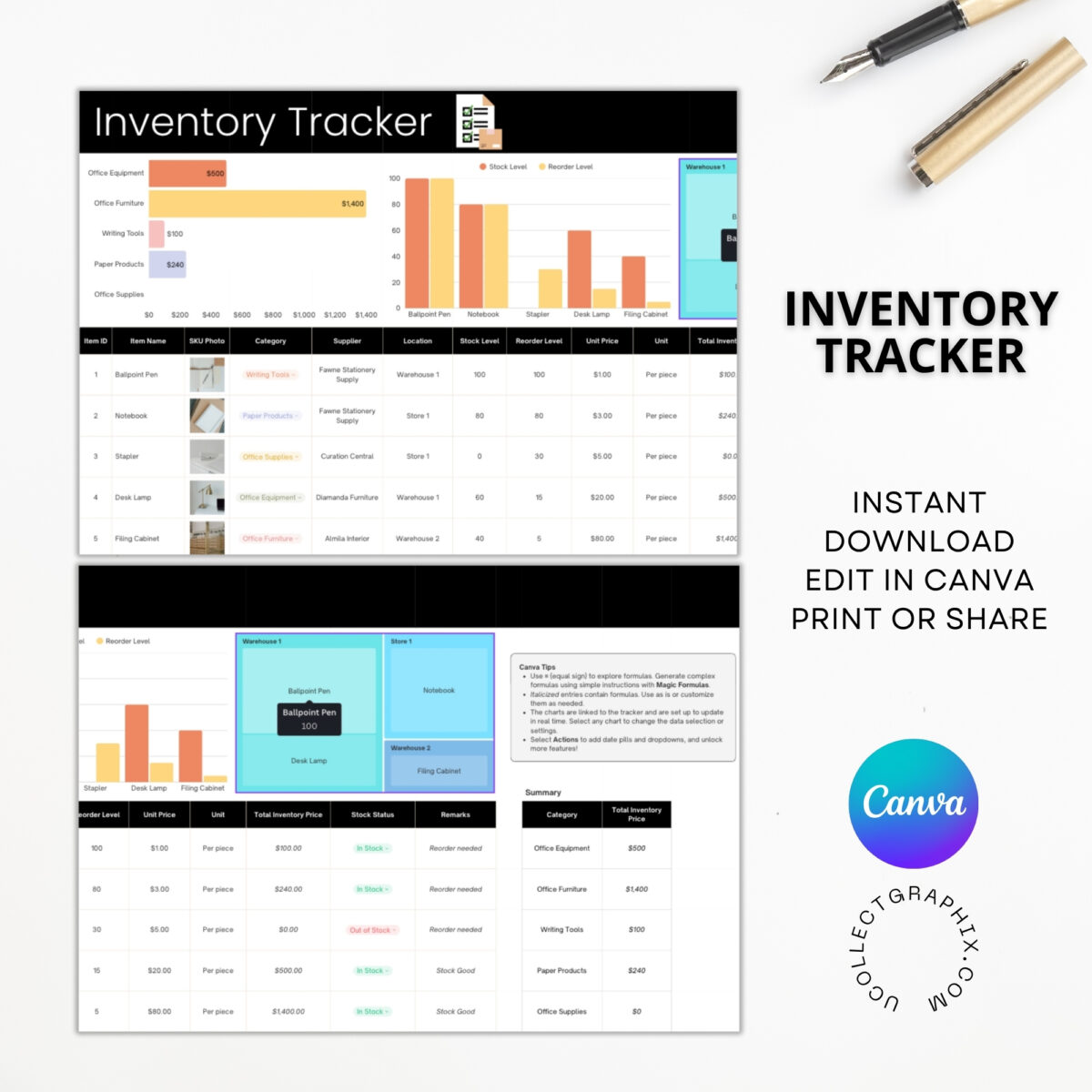 Editable Inventory Tracker Excel Template | Canva Inventory Management Spreadsheet | TRAC-015-01