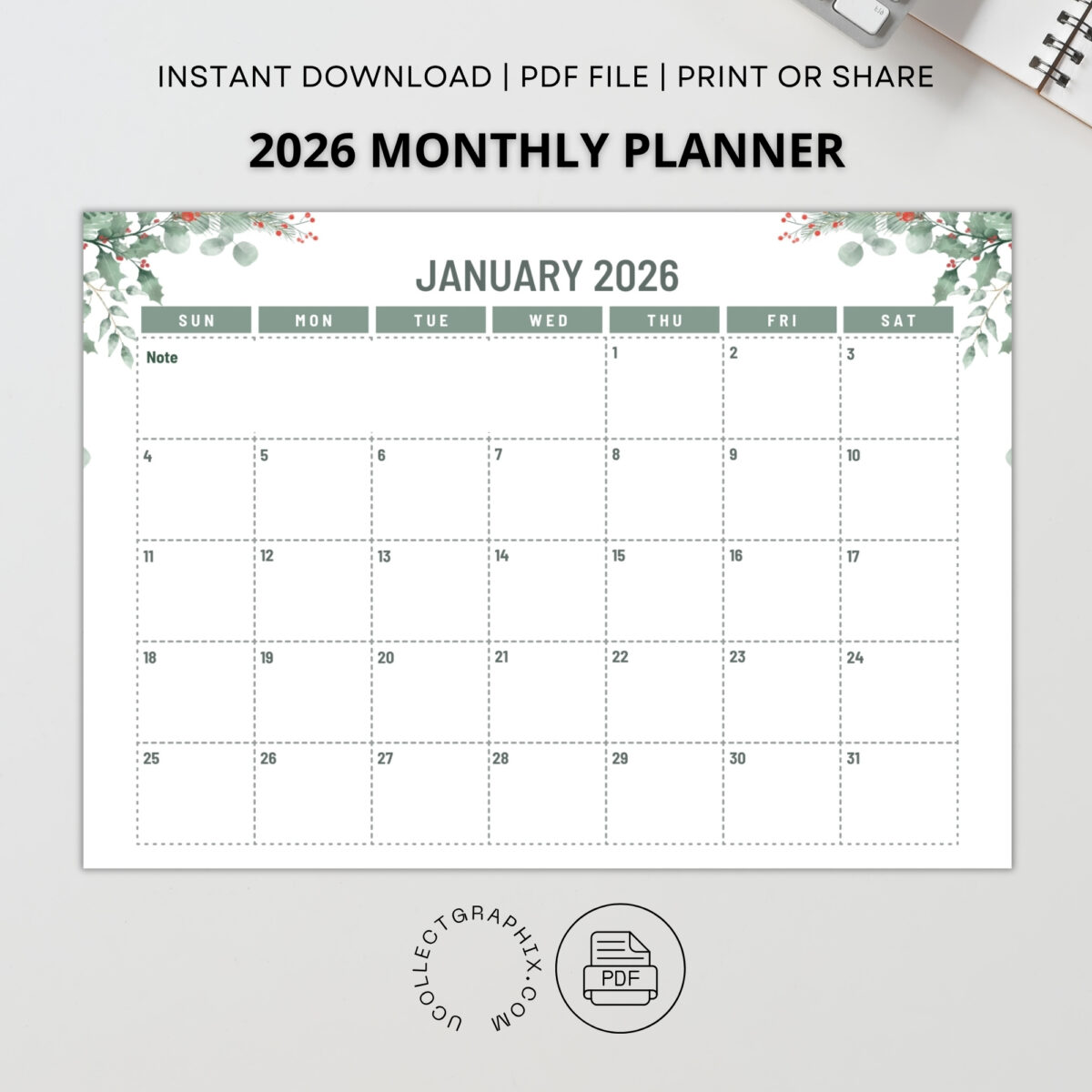 2026 Daily Planner Printable | Daily Calendar with Notes | Instant Download | PLADAY2026-002-01