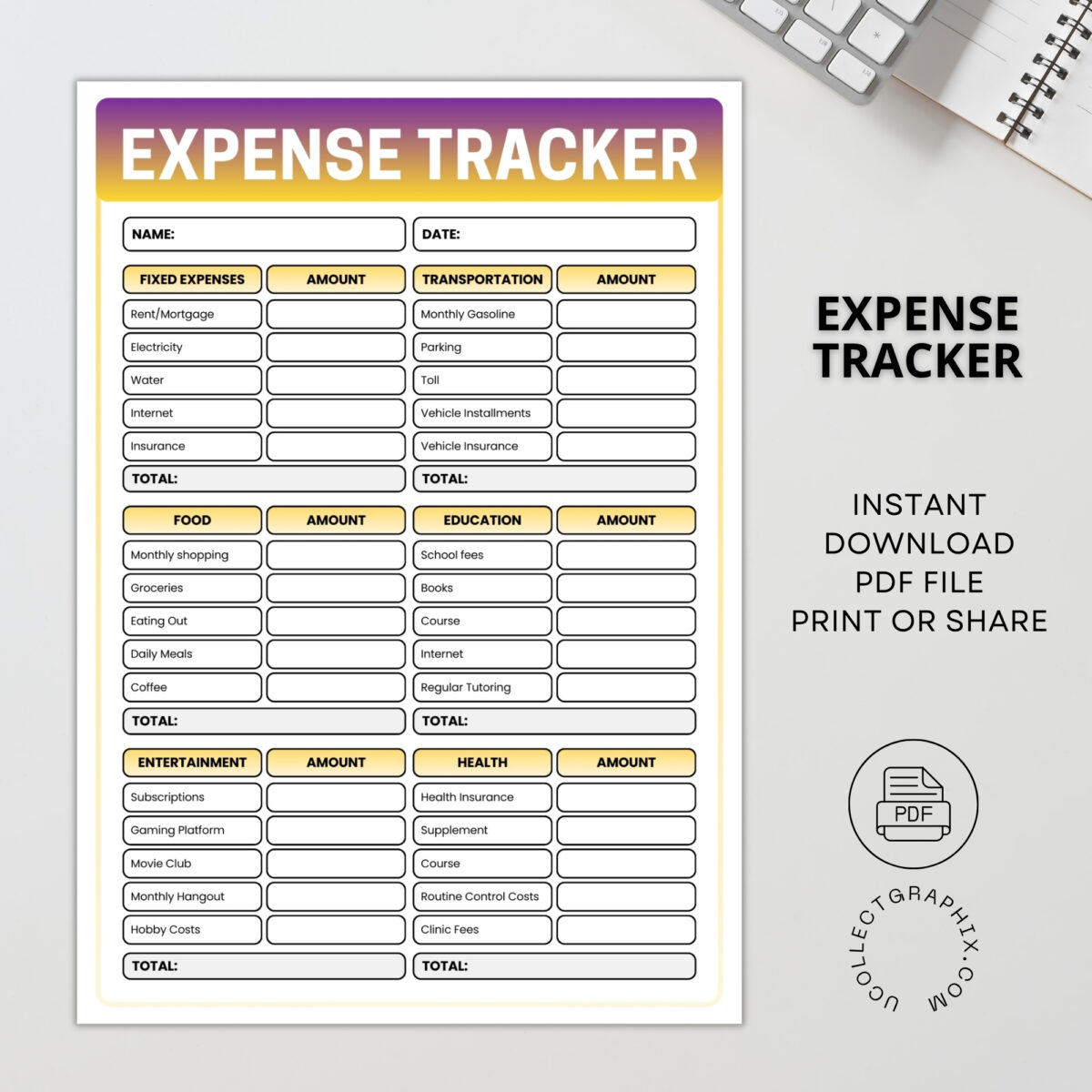 Printable Expense Tracker | Budget Planner with Fixed, Food, Transport, Health & More | TRAC-008-01