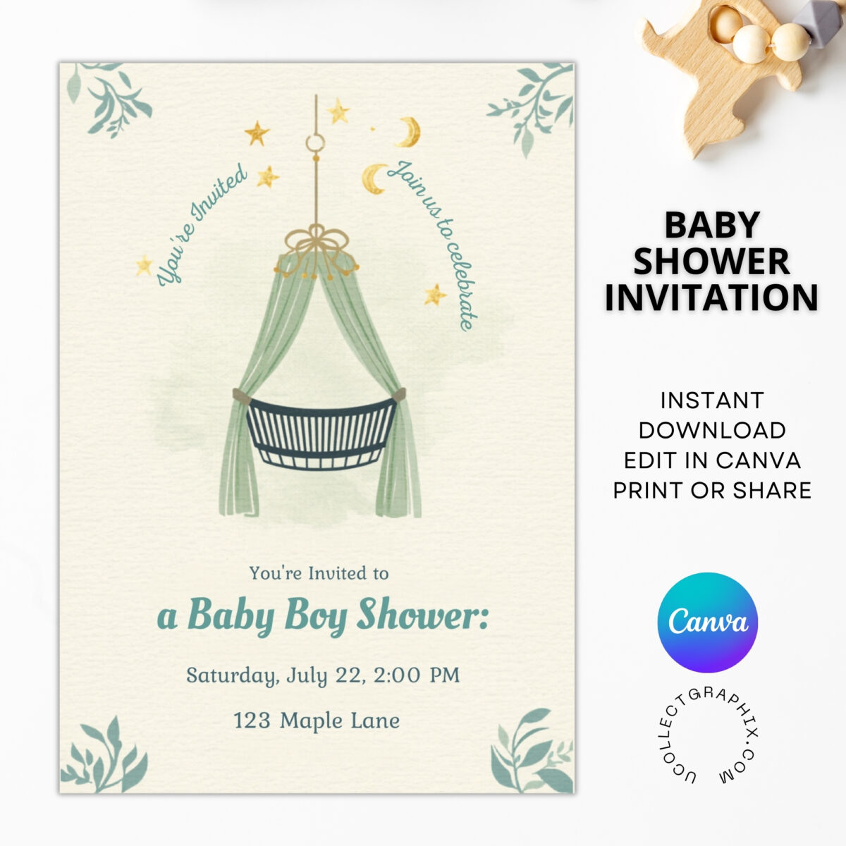 Editable Baby Boy Shower Invitation Canva Template | Neutral Green Baby Shower Invite Printable | Crib Moon Stars Theme | BSINVITE-003