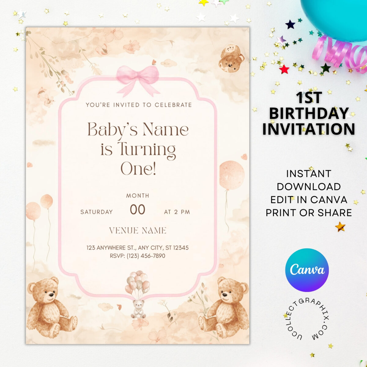 Editable First Birthday Girl Invitation Template | Teddy Bear Pink Bow Birthday Invite | Canva Template | 1BINVITE-007