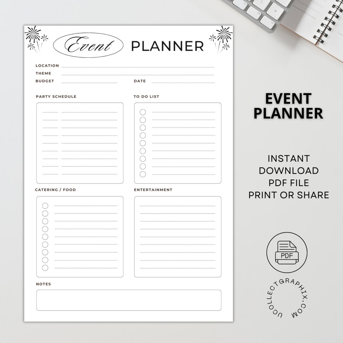 Printable Events Planner – Party Schedule, Catering, To-Do List & Entertainment | EVENT-001-01