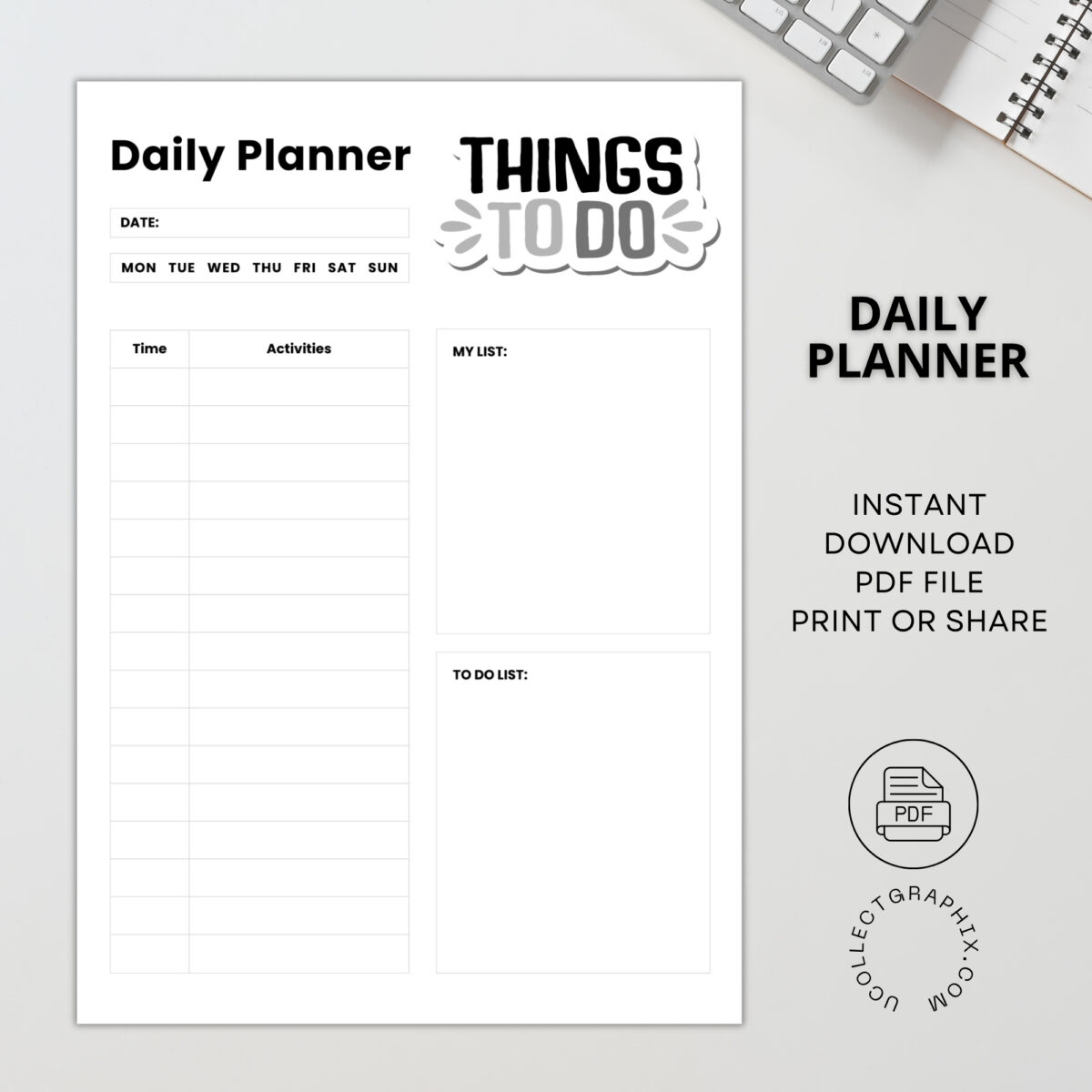 Printable Daily Planner | Time Schedule, Activities, My List & To-Do List | A4 & Letter PDF | PLADAY-003-01
