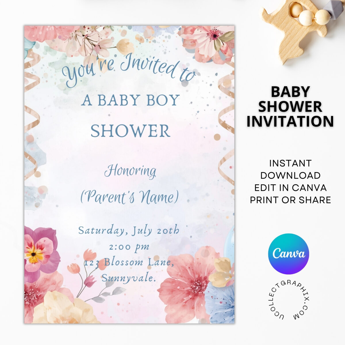 Editable Baby Boy Shower Invitation Canva Template | Floral Baby Shower Invite Printable | Watercolor Flowers Baby Invite | BSINVITE-004
