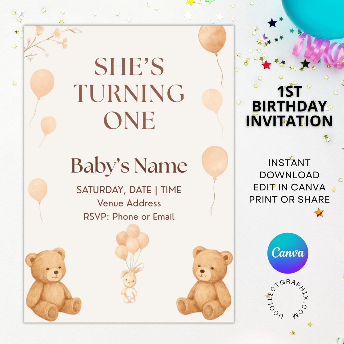 Editable First Birthday Girl Invitation Template | Teddy Bear Birthday Invite Canva Template | Neutral Beige Balloon Party Invitation | 1BINVITE-008