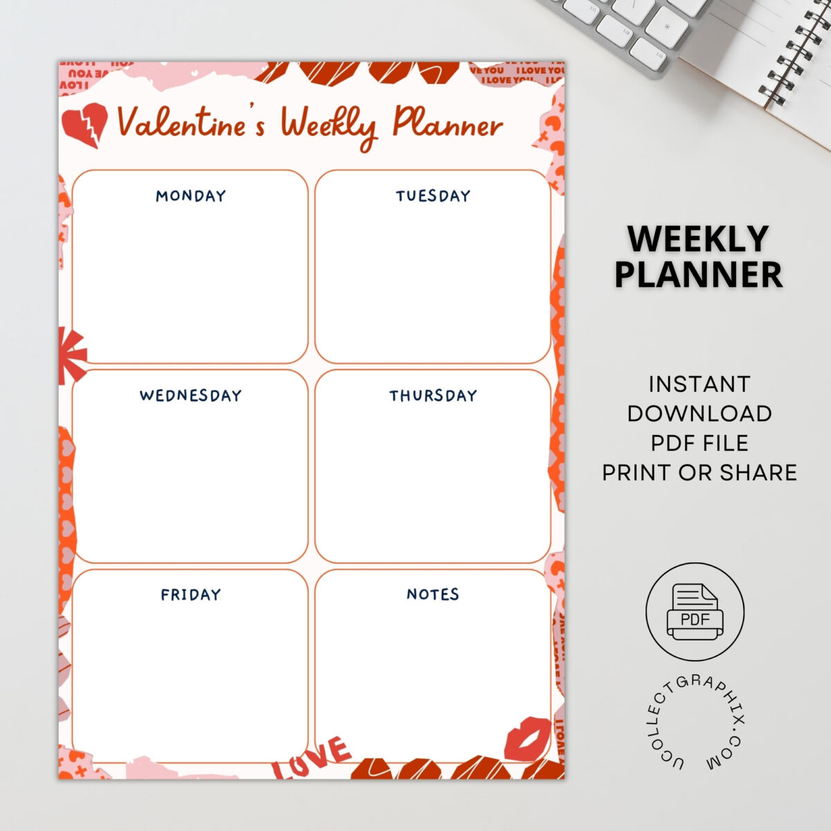 Printable Valentine’s Weekly Planner (Mon–Fri) – Romantic Weekly Schedule with Notes | PLAWEK-002-01