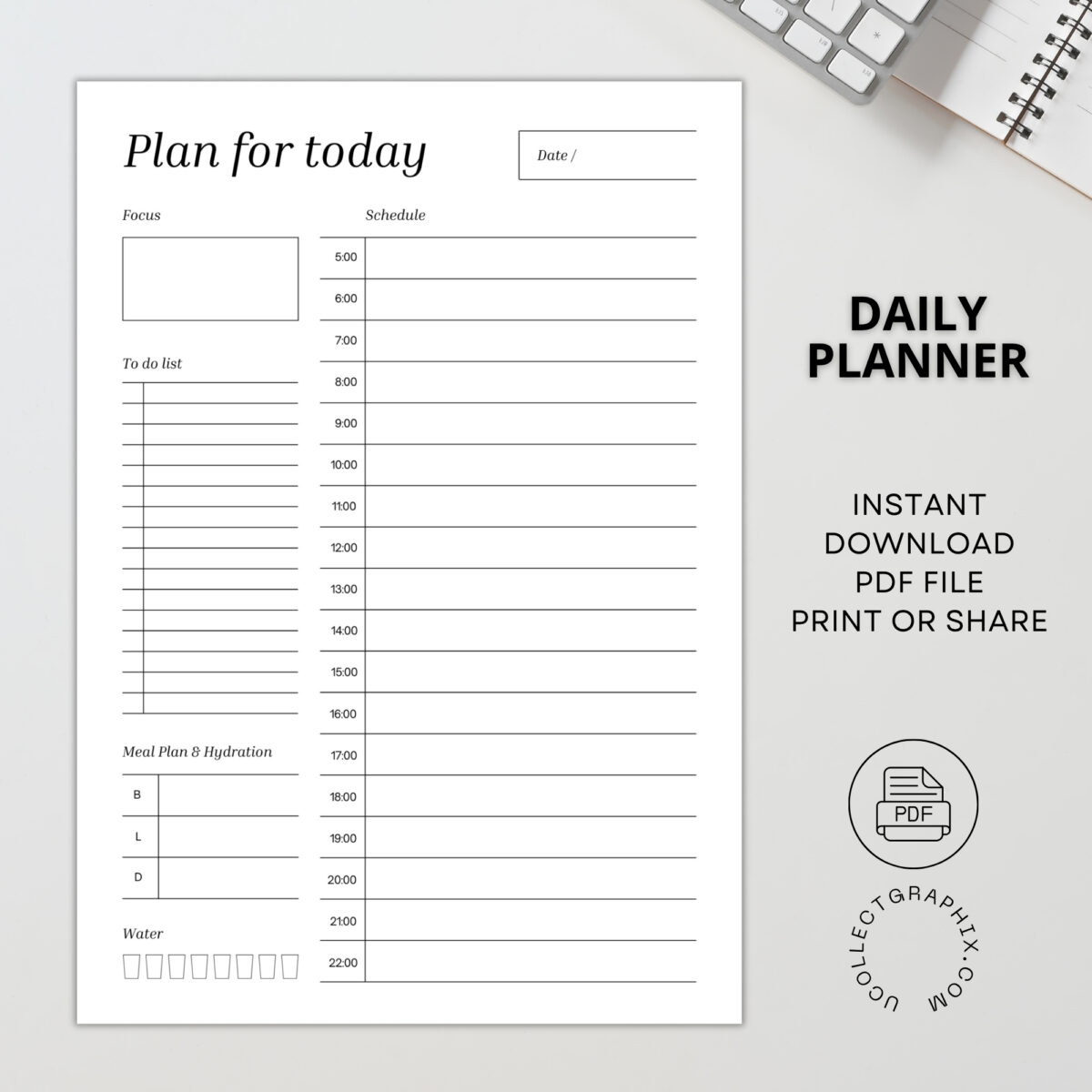 Printable Daily Planner (5AM–10PM) – Focus, To-Do List, Meal Plan, Hydration & Water Tracker | PLADAY-006-01
