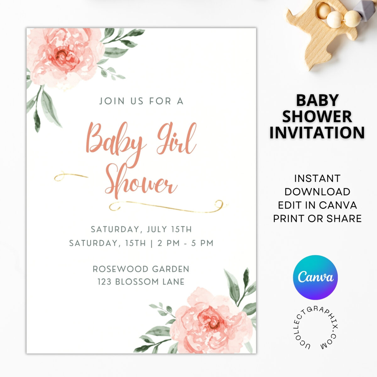 Editable Baby Girl Shower Invitation Template | Floral Baby Shower Invite | Pink Boho Baby Shower, Canva Template | BSINVITE-005