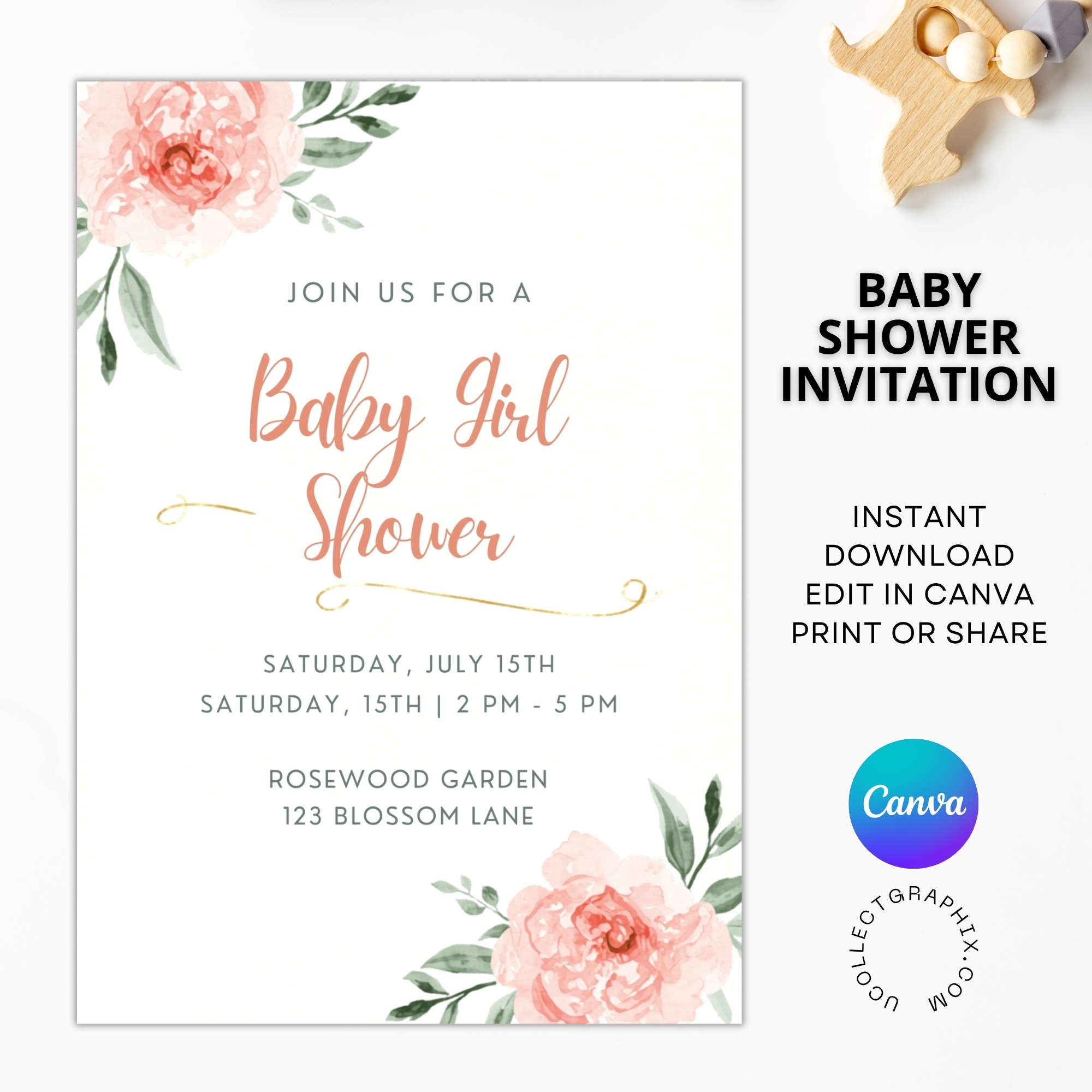 Editable Baby Girl Shower Invitation Template | Floral Baby Shower Invite | Pink Boho Baby Shower, Canva Template | BSINVITE-005